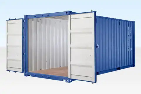 Conteneur maritime 20 pieds neuf, portes ouvertes, vue en angle - Conteneurs Outaouais